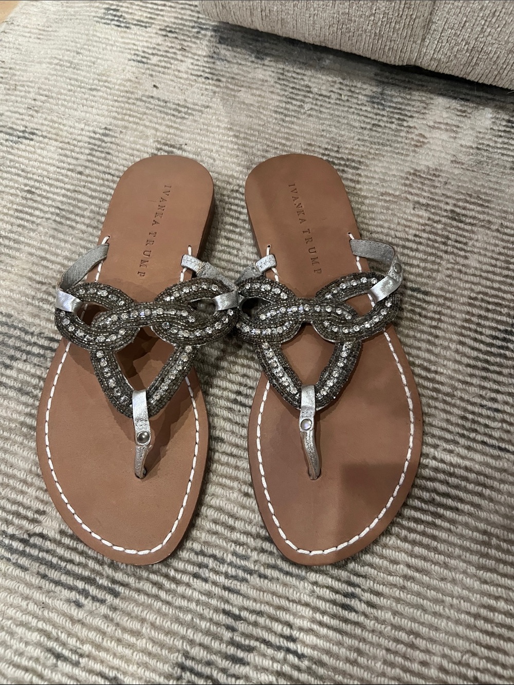 Ivanka Trump Metallic Silver Braided Crystal Thong Sandals NEW